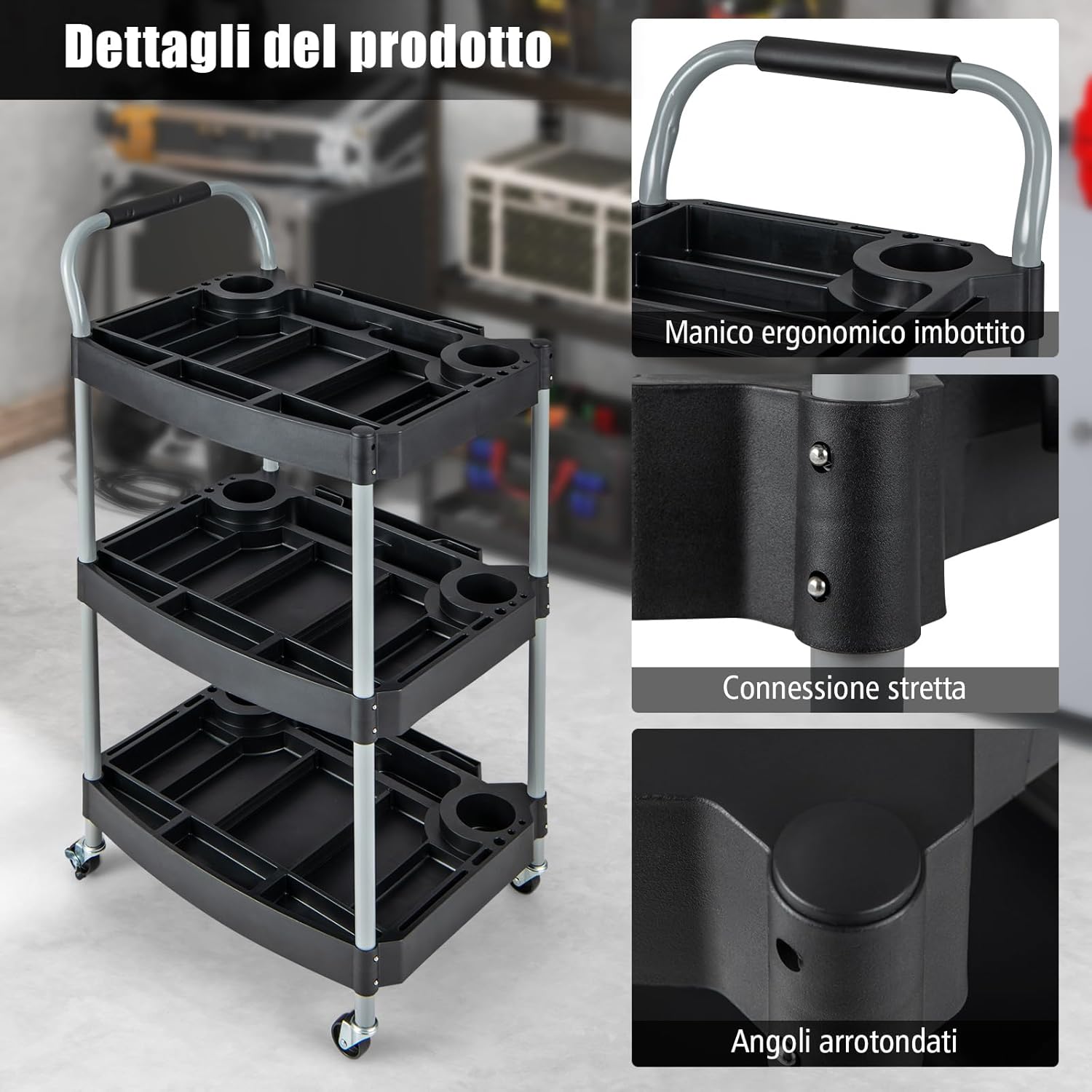 Carrello per Utensili a 3 piani, Carrello Porta Attrezzi su ruotedi Bloccaggio,Capacità 45kg, Organizzatore di strumenti con Pannelli Ben Divisi, per garage per officina per accessori