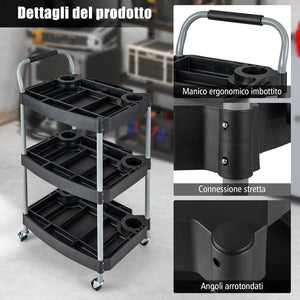 Carrello per Utensili a 3 piani, Carrello Porta Attrezzi su ruotedi Bloccaggio,Capacità 45kg, Organizzatore di strumenti con Pannelli Ben Divisi, per garage per officina per accessori