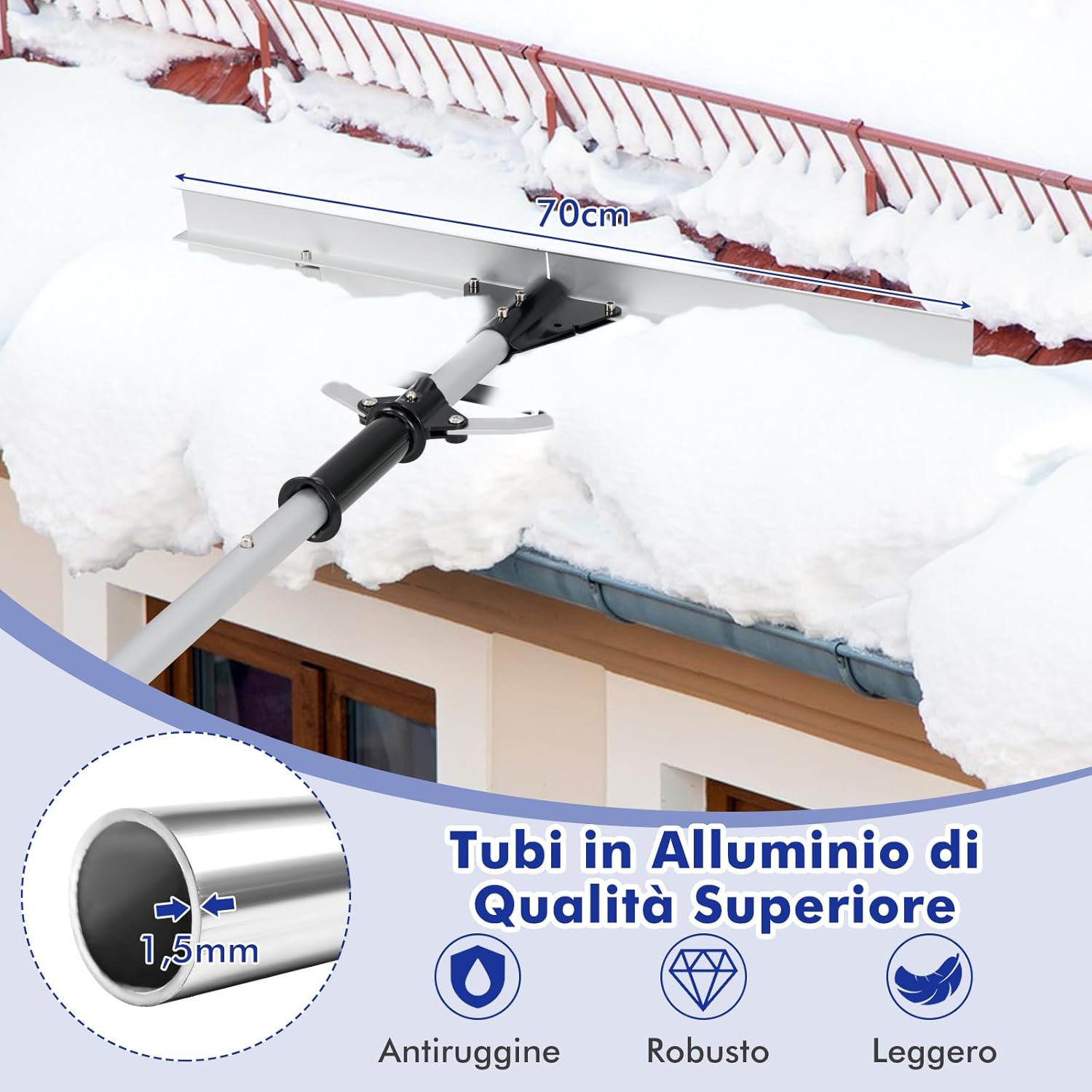 Restrello da Neve per Tetto Lungezza 635 cm, Rastrello per Neve Telescopico con Testa Pieghevole, Restrello in Alluminio Allungabile con 5 Asta Rimozione Neve, Pala da Neve per Tetto