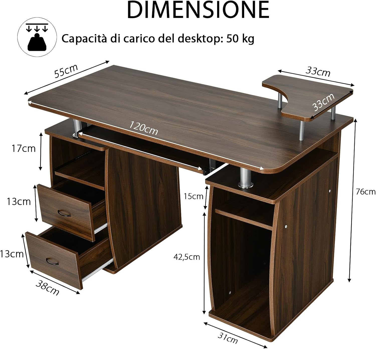 Scrivania con Cassetti, Vassoio per Tasteriera e Ripiani, Scrivania Porta PC e Stampante in Legno, Scrivania Salvaspazio Ideale per Studio e Ufficio, 120 x 55 x 85 cm (Noce)