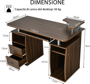 Scrivania con Cassetti, Vassoio per Tasteriera e Ripiani, Scrivania Porta PC e Stampante in Legno, Scrivania Salvaspazio Ideale per Studio e Ufficio, 120 x 55 x 85 cm (Noce)