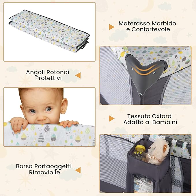 4 in 1 Lettino da Campeggio per Bambini, Lettino Pieghevole con Materasso, Box Bambini Portatile con Borsa, Culla Lettino con Fasciatoio, Ruote, Portata 15 kg, 102 x 72 x 74 cm (Grigio+Beige)