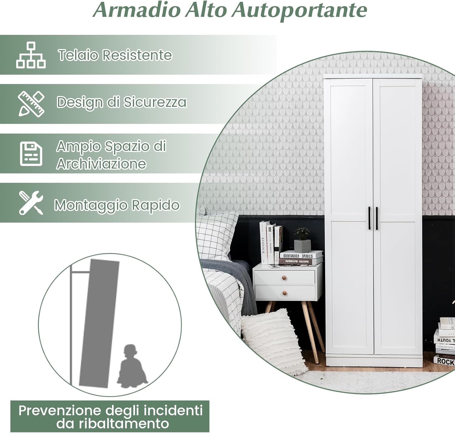 Armadio Alto di Stoccaggio a Pavimento con 2 Ante, Mobile Multiuso con Ripiani Regolabili, Armadietto di Stoccaggio in Legno Capacità di Carico di 90 kg, 59 x 43,5 x 178 cm (Bianco)