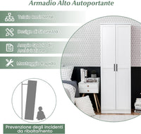 Armadio Alto di Stoccaggio a Pavimento con 2 Ante, Mobile Multiuso con Ripiani Regolabili, Armadietto di Stoccaggio in Legno Capacità di Carico di 90 kg, 59 x 43,5 x 178 cm (Bianco)