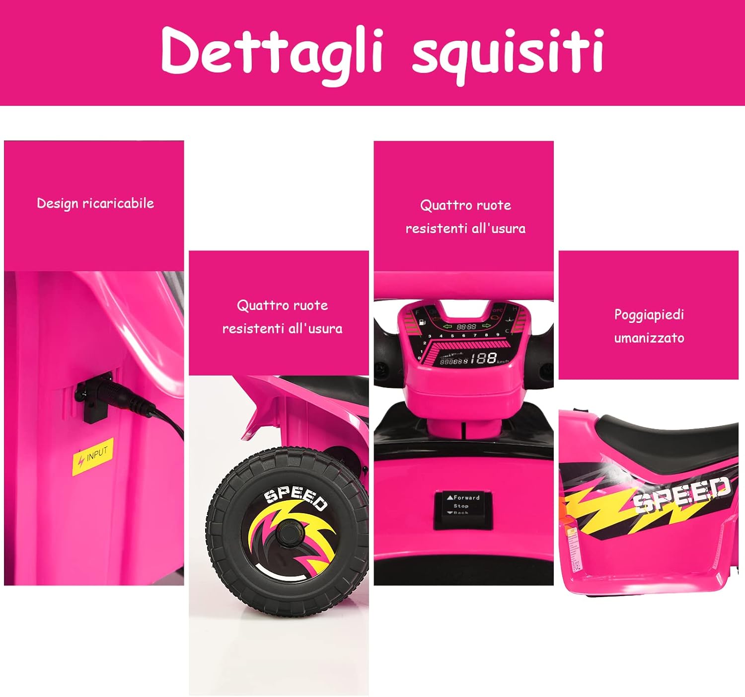 6V Quad Elettrico per Bambini, Mini Quad da Spiaggia con Funzione Avanti/Indietro, Velocità Massima 4,6 km/h, Regalo per Bambini 3 Anni+ (Rosa)