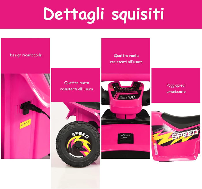 6V Quad Elettrico per Bambini, Mini Quad da Spiaggia con Funzione Avanti/Indietro, Velocità Massima 4,6 km/h, Regalo per Bambini 3 Anni+ (Rosa)