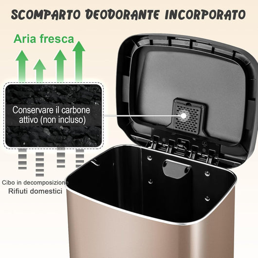 Bidone per Pattumiera da 50 L, Pattumiera da Cucina con Pedale, Coperchio e Scomparto Deodorante, Ideale per Casa Ufficio, Rosa Dorato/Argento (50L, Rosa dorato)