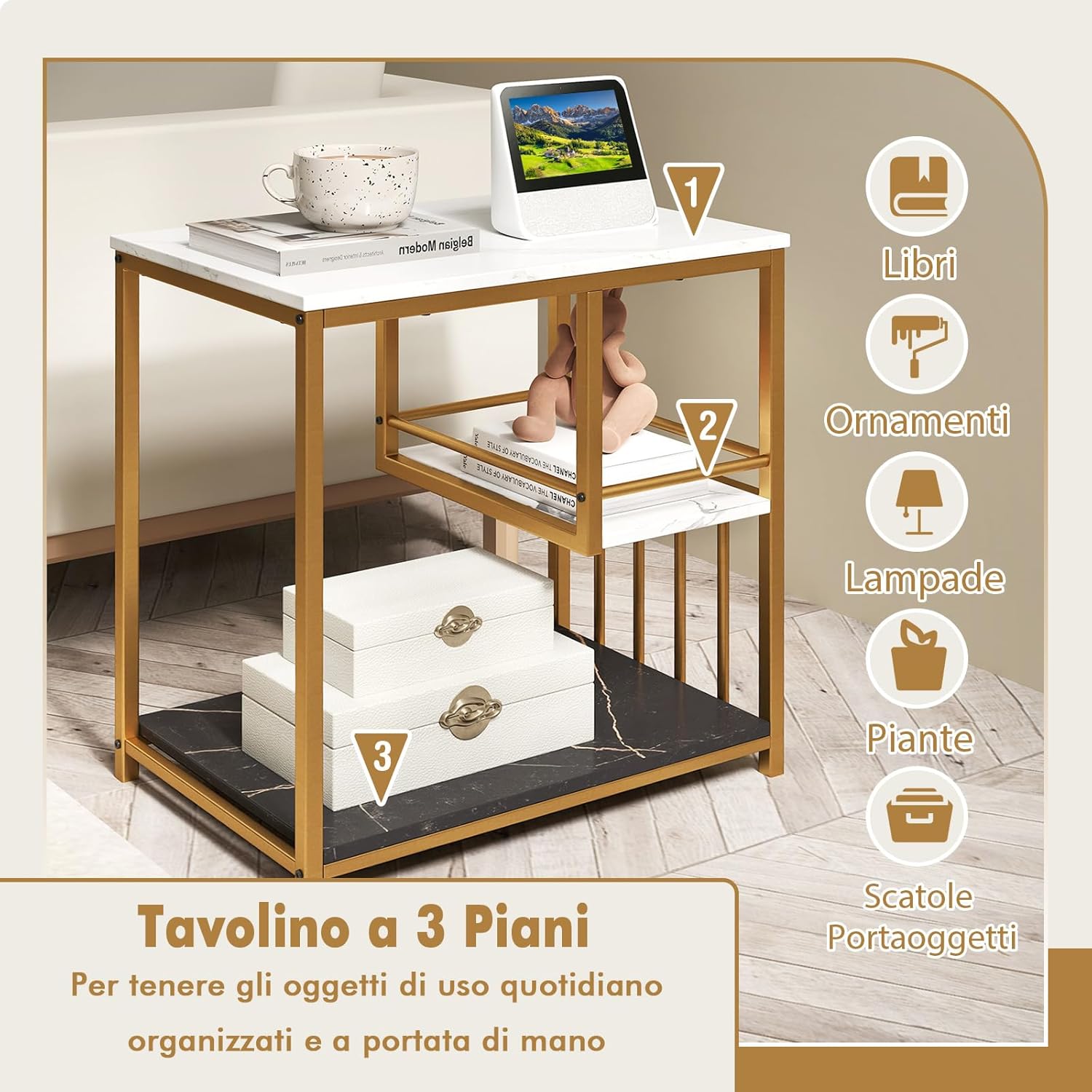 COSTWAY Tavolino da Salotto, Tavolino Basso da Divano con 3 Ripiani in Marmo Finto e Struttura in Metallo, Tavolino Rettangolare Moderno per Soggiorno, Camera da Letto, Spazi Piccoli, Oro