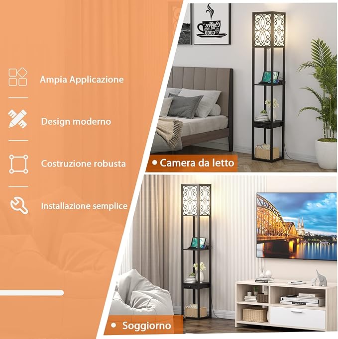 Lampada a Stelo con Ripiani e Cassetto, Lampada a Piantana Moderna con 2 Porte USB, Lampada da Terra per Salone e Camera da Letto, 26 x 26 x 160,5 cm (Modello 2)