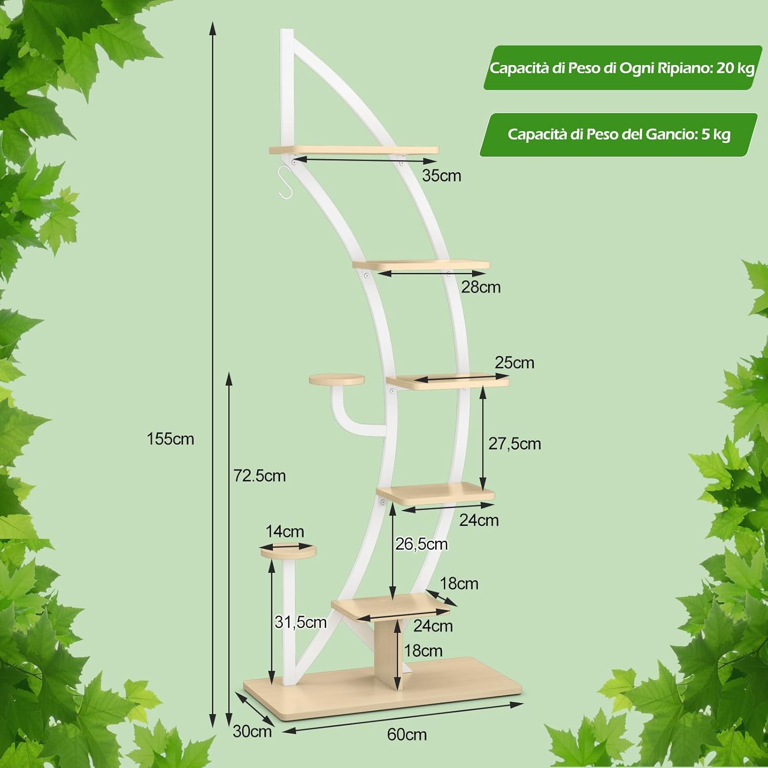 Scaffale per Piante a 7 Livelli, Scaffale a Forma di Mezza Luna con Gancio e Dispositivo Antiribaltamento, Porta Piante e Fiori per Interno, Balcone e Soggiorno (1 PEZZO BIANCO)