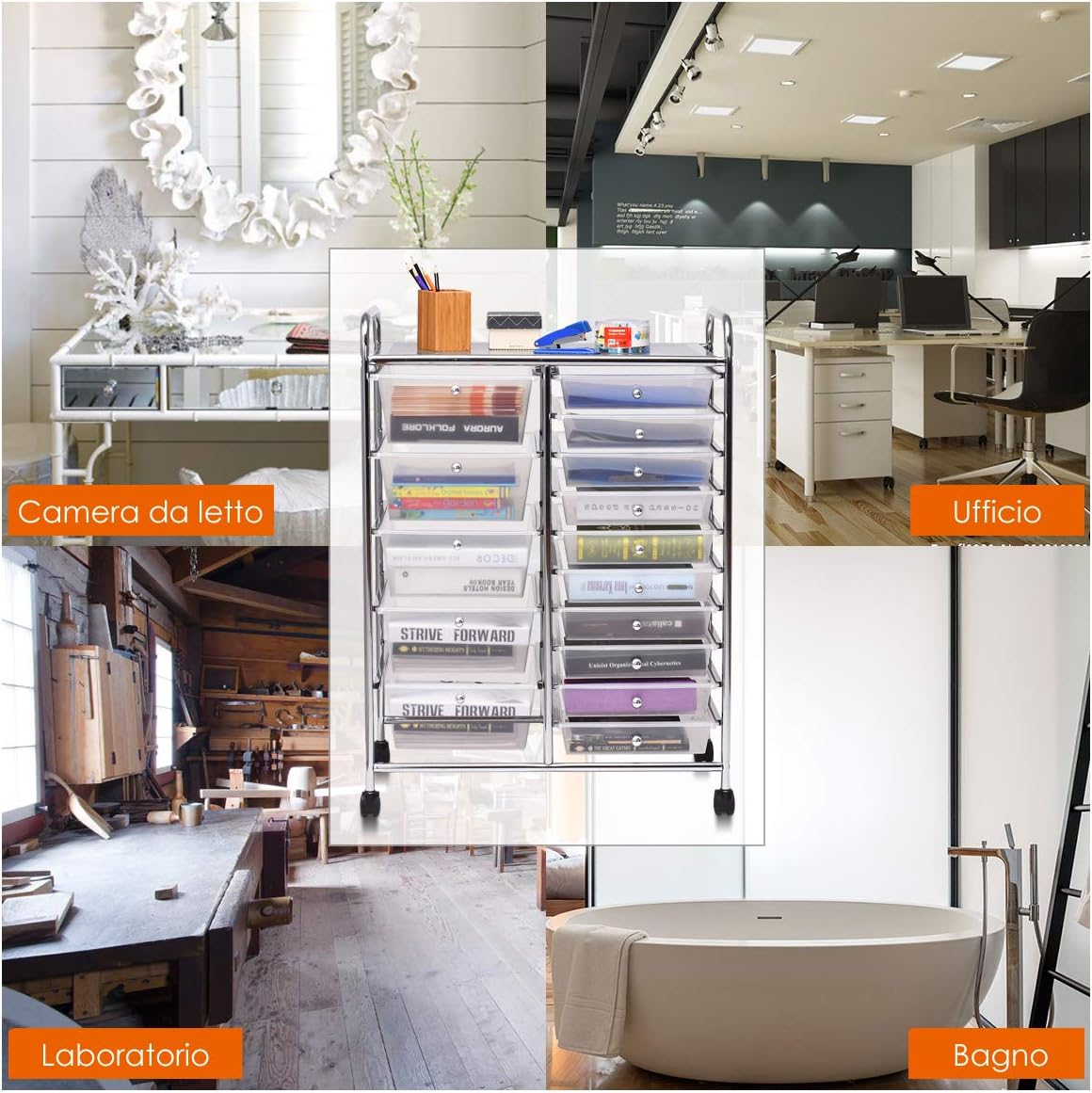 Carrello con 15 Cassetti Impilabili, Carrello di Stoccaggio con Ruote, Carello Portaoggetti per Casa e Ufficio, 62,5 x 37 x 87 cm (Chiara)