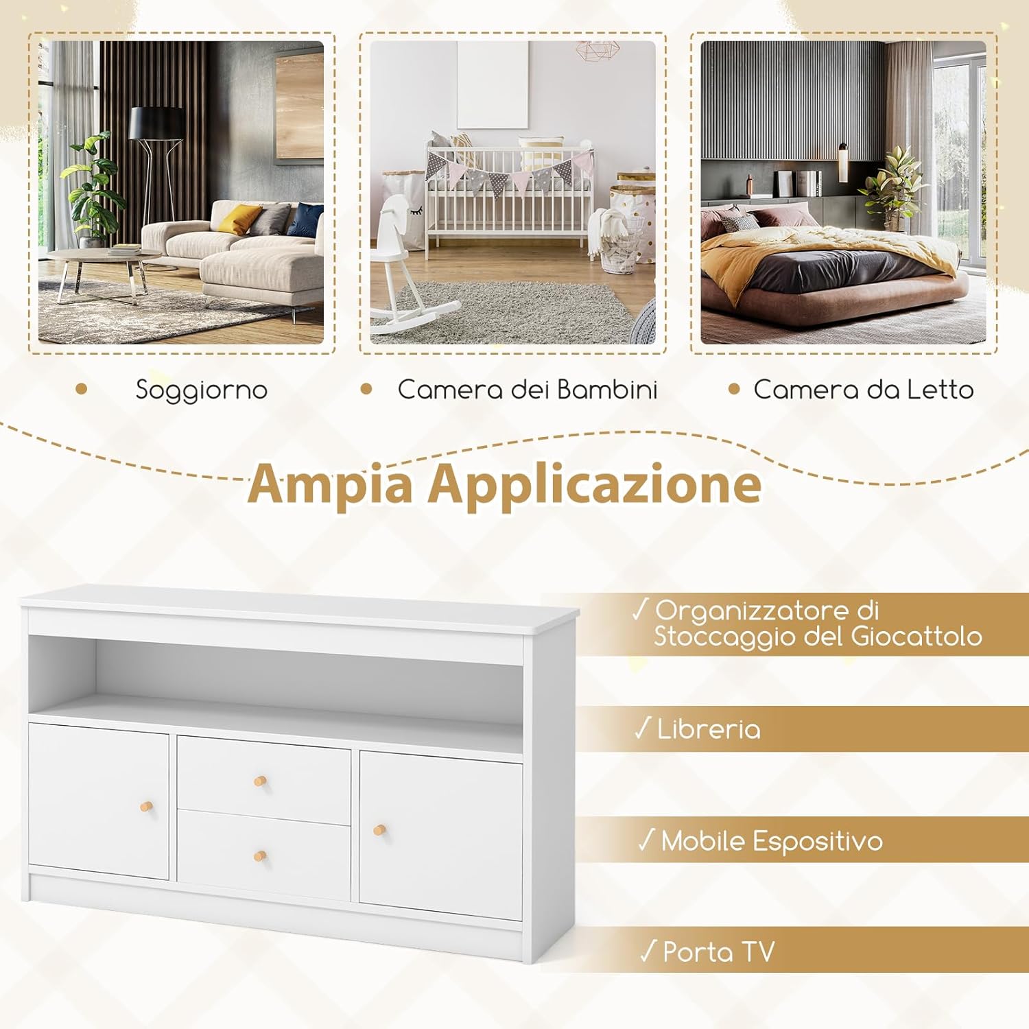 Organizzatore per Giocattoli per Bambini, Scaffale in Legno con Scomparto Aperto 2 Cassetti e 2 Ante, Mobile Multifunzionale per Sala Giochi Camera da Letto Asilo, 106x30x62 cm (Bianco)