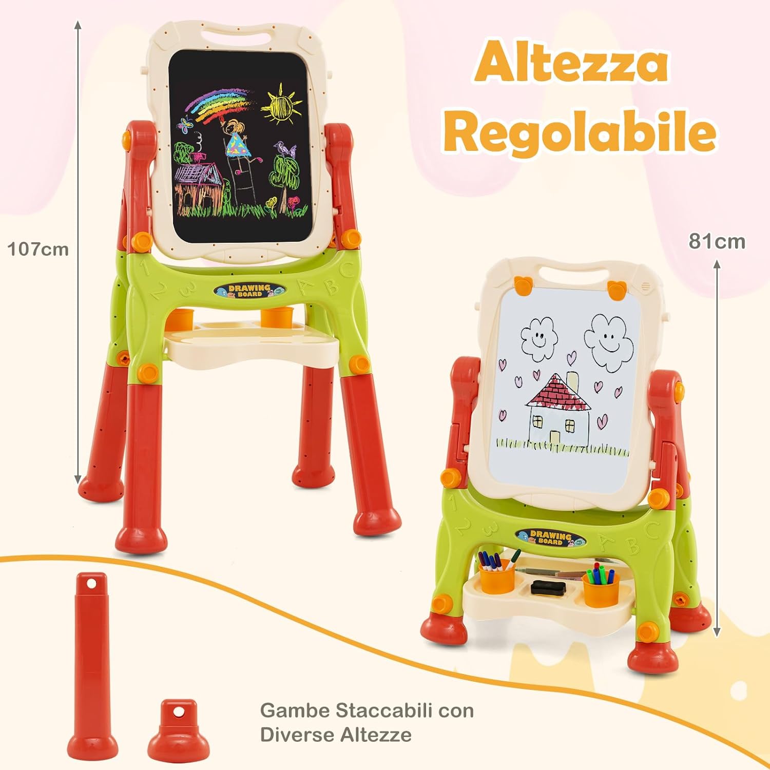 Cavalletto per Bambini, Lavagna Magnetica a Doppia Faccia Regolabile in Altezza, Tavolo da Disegno Staccabile con Manico Portatile e 2 Tazze, per Bambini 3 Anni + (Arancia)