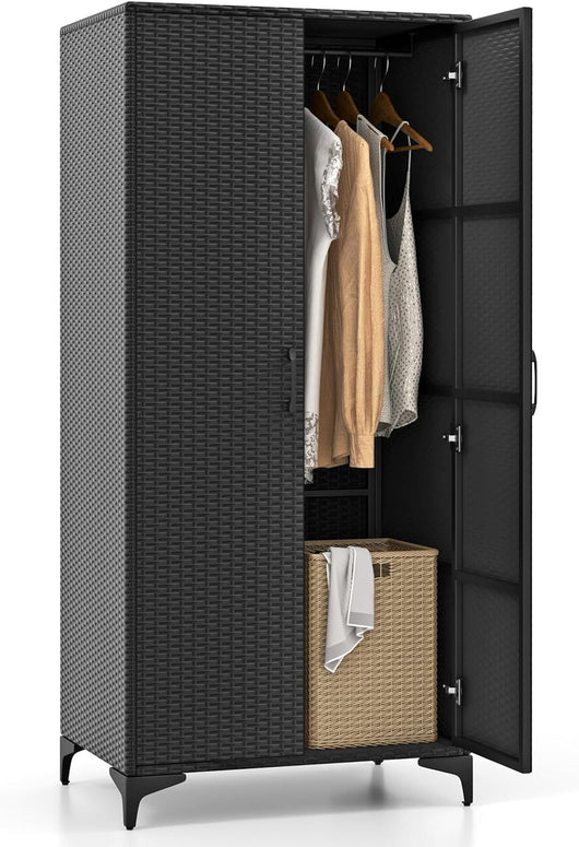 Armadio in Vimini con 2 Ante, Armadio Guardaroba in Rattan PE con Asta Appendiabiti e 4 Cubi di Stoccaggio, per Soggiorno, Camera da Letto e Patio, 72 x 50 x 157 cm (Nero)