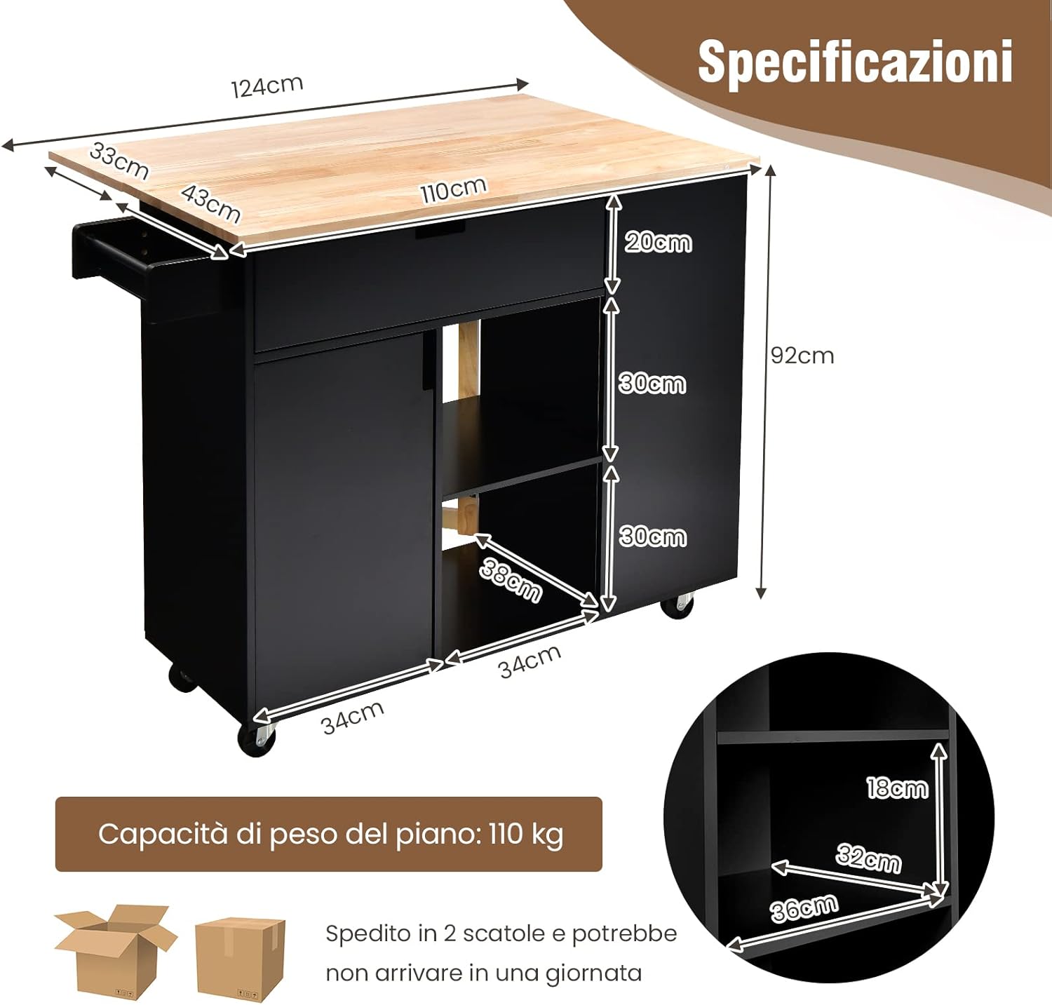Carrello da Cucina con Cassetto, Carrello Servizio con Ripiano Aperto e Pieghevole, Carrello Multiuso con Ruote e Portasciugamani, 124x76x92 cm (Nero)