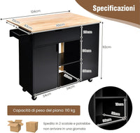 Carrello da Cucina con Cassetto, Carrello Servizio con Ripiano Aperto e Pieghevole, Carrello Multiuso con Ruote e Portasciugamani, 124x76x92 cm (Nero)