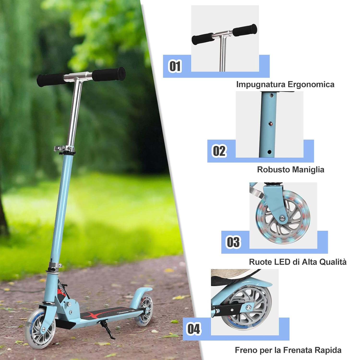 Scooter pieghevole Monopattino per bambini, regolabile in altezza, con 2 ruote lampeggianti, Scelta a colori (Azzurro)