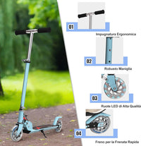 Scooter pieghevole Monopattino per bambini, regolabile in altezza, con 2 ruote lampeggianti, Scelta a colori (Azzurro)
