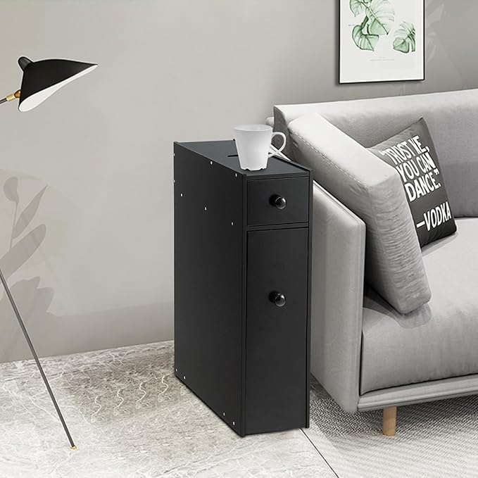 Armadio Sottile di Stoccaggio per Gabinetto, Armadietto Laterale da Bagno Multiuso in Legno (Nero)