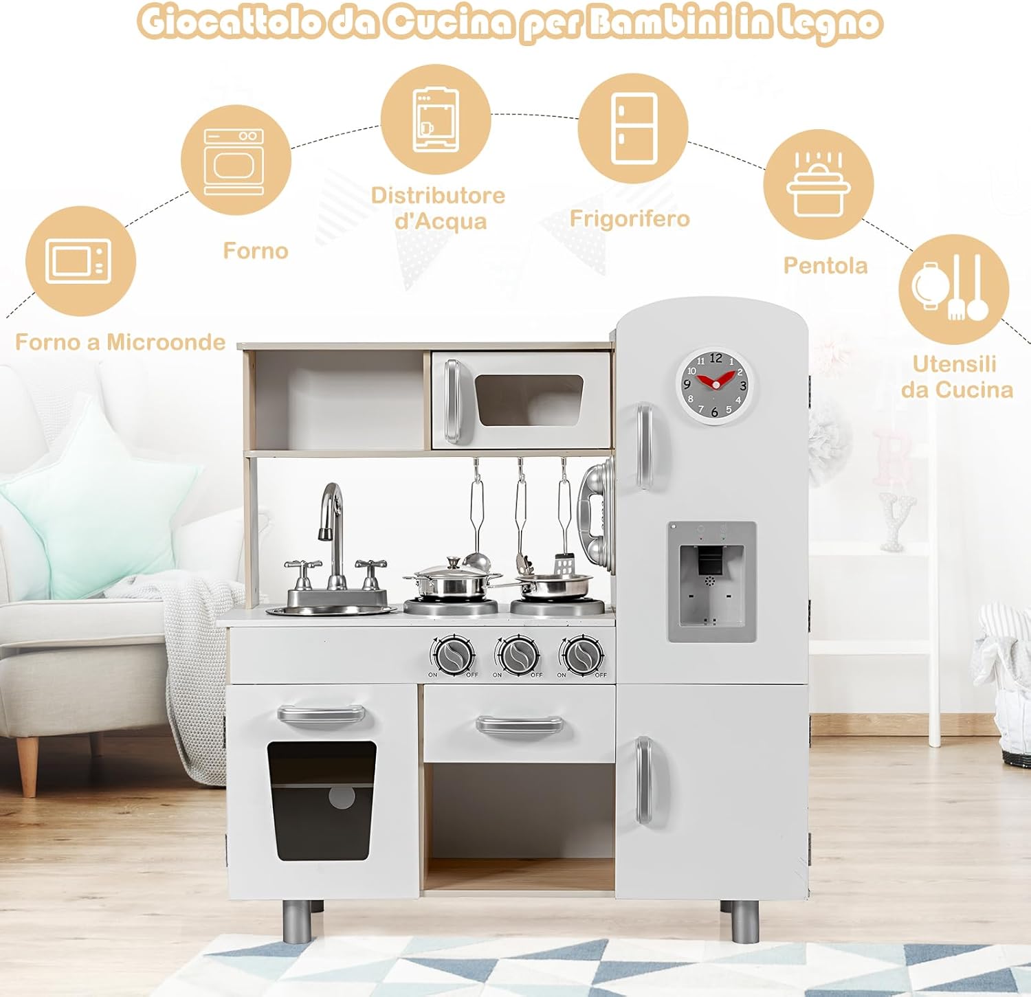 Cucina giocattolo per bambini, Cucina per Bambini in Legno con Telefono, Piano, Cottura, Frigo, Microonde, Lavello Rimovibile, 3 Anni+