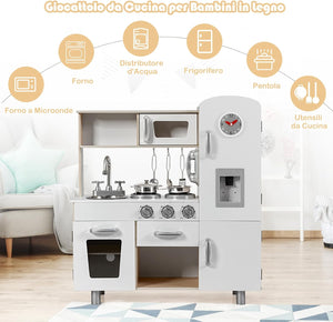 Cucina giocattolo per bambini, Cucina per Bambini in Legno con Telefono, Piano, Cottura, Frigo, Microonde, Lavello Rimovibile, 3 Anni+