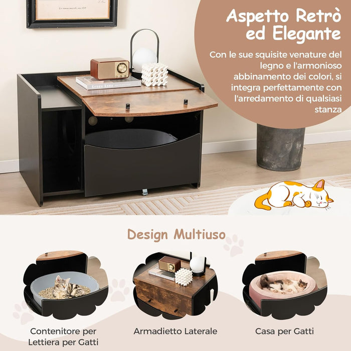 Mobile per Lettiera per Gatti con Cassetto Estraibile, Ruote Girevoli, Anta a Ribalta, Mobile Nascondi Lettiera per Gatti in Legno per Gattini e Gatti di Grandi Dimensioni