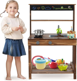 Cucina Giocattolo per Bambini, Cucina per Bambini in Abete Cinese con Rubinetto Girevole e Lavandino Rimovibile, Fornelli e Manopole, Lavagna, per Bambini 3-7 Anni