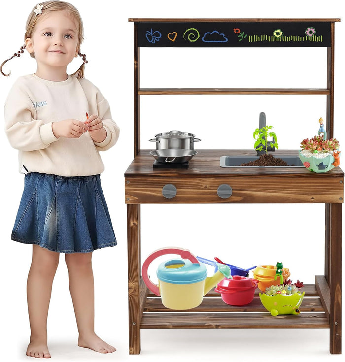 Cucina Giocattolo per Bambini, Cucina per Bambini in Abete Cinese con Rubinetto Girevole e Lavandino Rimovibile, Fornelli e Manopole, Lavagna, per Bambini 3-7 Anni