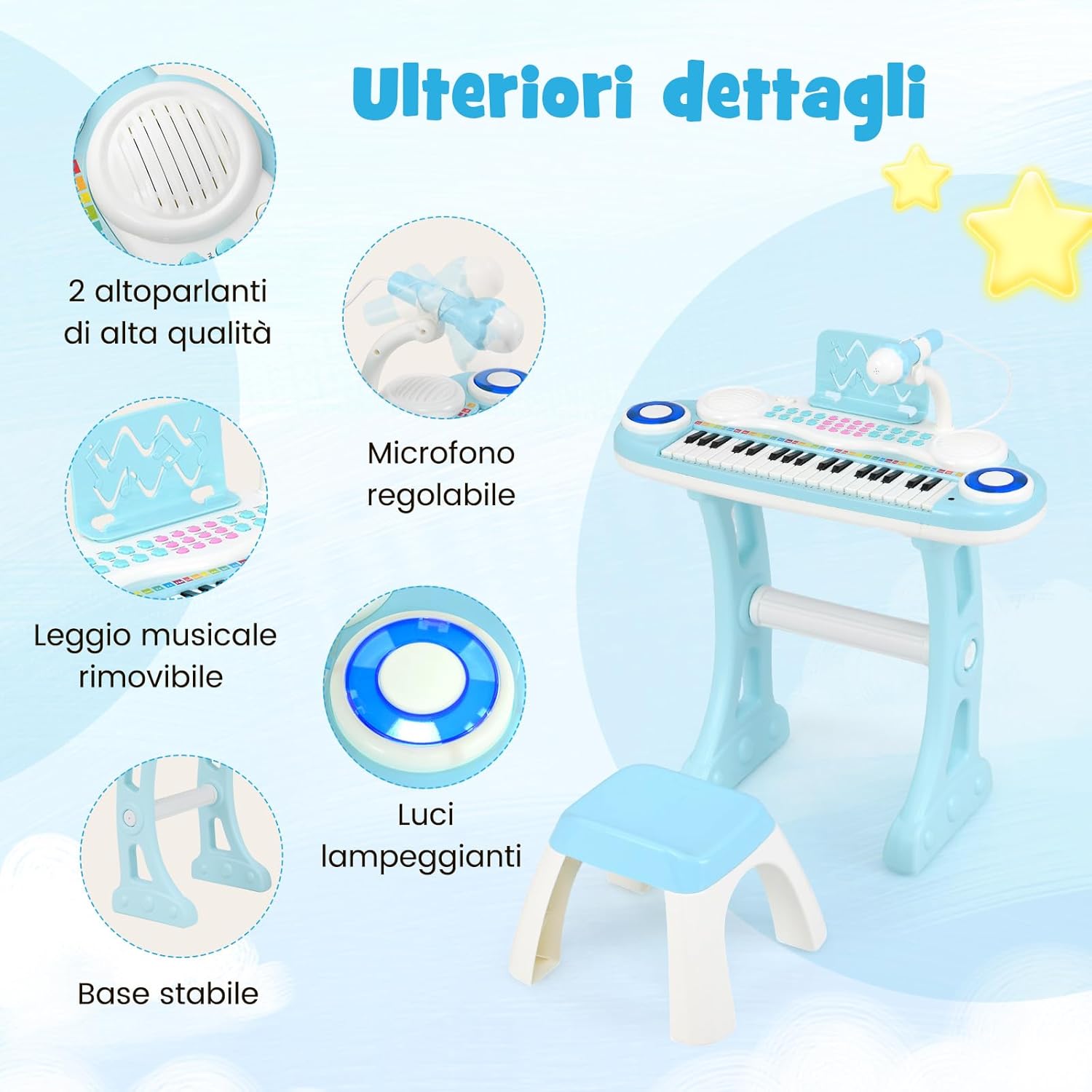 Tastiera Pianoforte a 37 Tasti per Bambini, Piano Elettronico per Bambini con Microfono, Sgabello e Supporto per Spartiti, 8 Ritmi e 8 Strumenti, per Bambini 18+ Mesi (Blu)