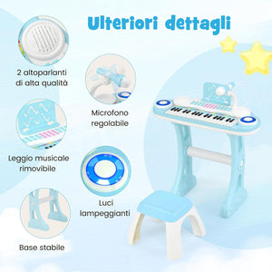 Tastiera Pianoforte a 37 Tasti per Bambini, Piano Elettronico per Bambini con Microfono, Sgabello e Supporto per Spartiti, 8 Ritmi e 8 Strumenti, per Bambini 18+ Mesi (Blu)