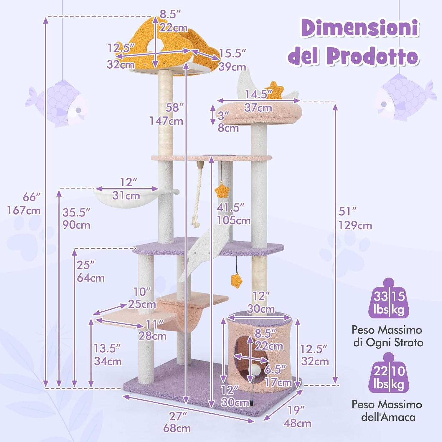 Tiragraffi per Gatti Alto 167 cm, Albero per Gatti Tiragraffi Gatto Stabile Multilivello, Albero Giochi in Sisal Piatteforme Rela, Ampio e Sicuro, 1 Amaca, 1 Grotta, 1Cesto