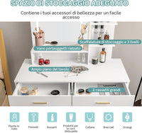 Postazione Trucco con Luci e Sgabello, Tavolo da Trucco con Specchiera e 2 Cassetti, Scaffali Portaoggetti, Stile Moderno, per Camera da Letto, Bianco
