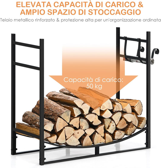 Porta Legna per Interni ed Esterni, Porta Legna per Camino in Acciaio Resistente, Portalegna da Ardere per Stufe e Braciere (84 x 33 x 76 cm, Portata 50 kg)