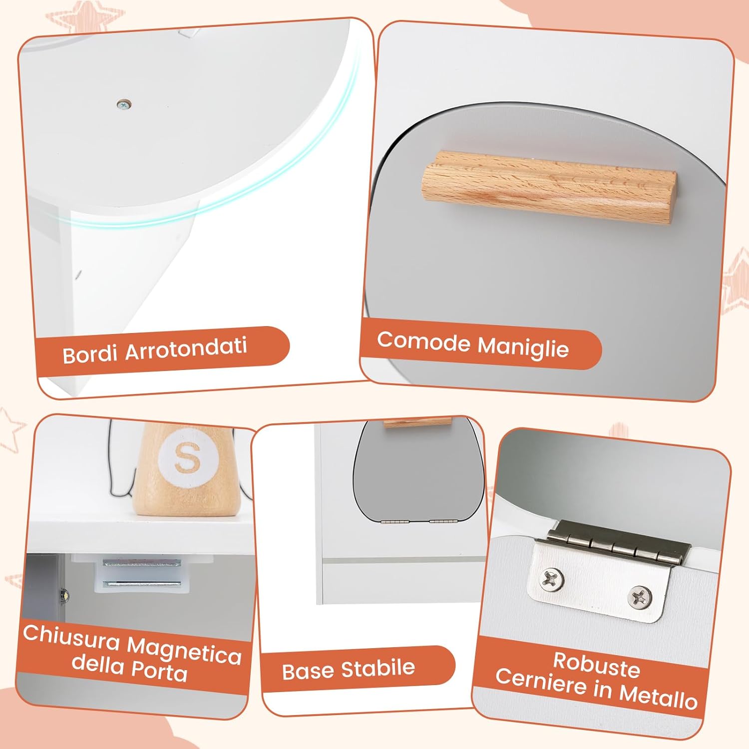 Cucina Giocattolo Angolare con Fornelli e Micronde da Suoni e Luci, Cucina per Bambini in Legno con Macchina Caffè, Lavandelo, Forno e Lavatrice, Set Cucina con Accessori (Bianco)