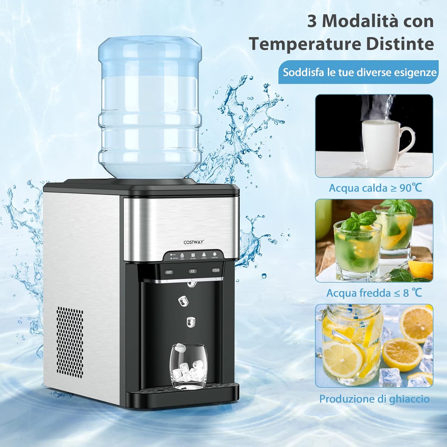 Erogatore Acqua 3 in 1, con Macchina del Ghiaccio, Dispender Acqua con 3 Impostazioni di Temperatura Caldo/Freddo/Ghiaccio, Regge Bottiglie 10-20 L, per Casa Ufficio Dormitorio