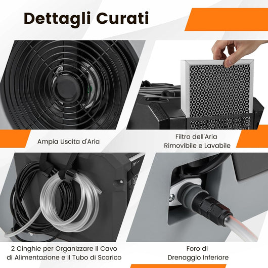 Deumidificatore Commerciale 85 L/Giorno, Deumidificatore con Pompa e Tubo di Scarico, Sbrinamento Automatico, 2 Ruote e Maniglia Pieghevole, Timer 24H, per Cantina Magazzino (Nero)