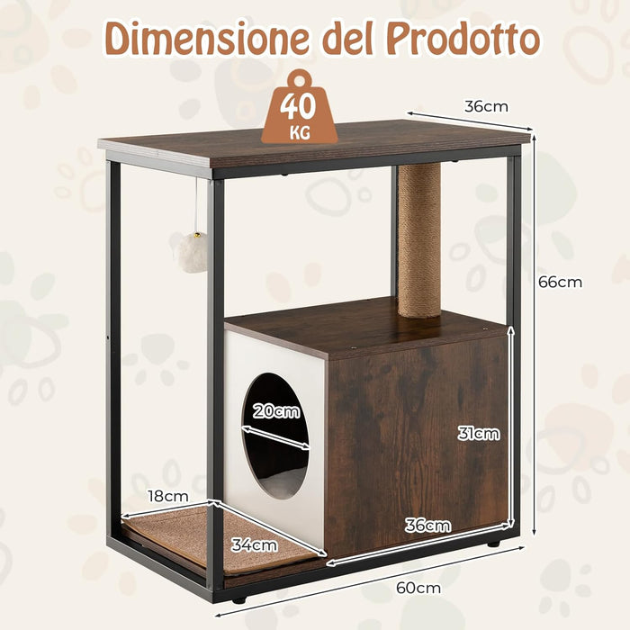 Cuccia per Gatti, Casetta per Gatti con Giocattolo a Palla Pensile e Dispositivo Anti-Ribaltamento, Tavolino Moderno e Multisuo con Case per Gatti, 60 x 36 x 66 cm(Marrone)