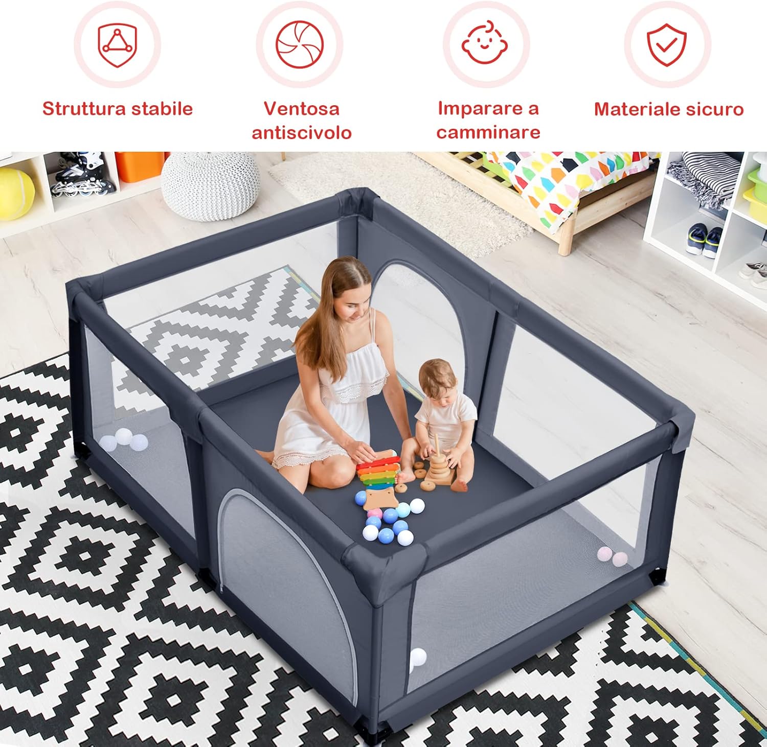 Box per Bambini, Centro Attività Portatile e Sicuro per Bambini, Box Colorato con Cancello, Recinto Extra per Interno ed Esterno con Rete Traspirante Durevole (Grigio scuro)