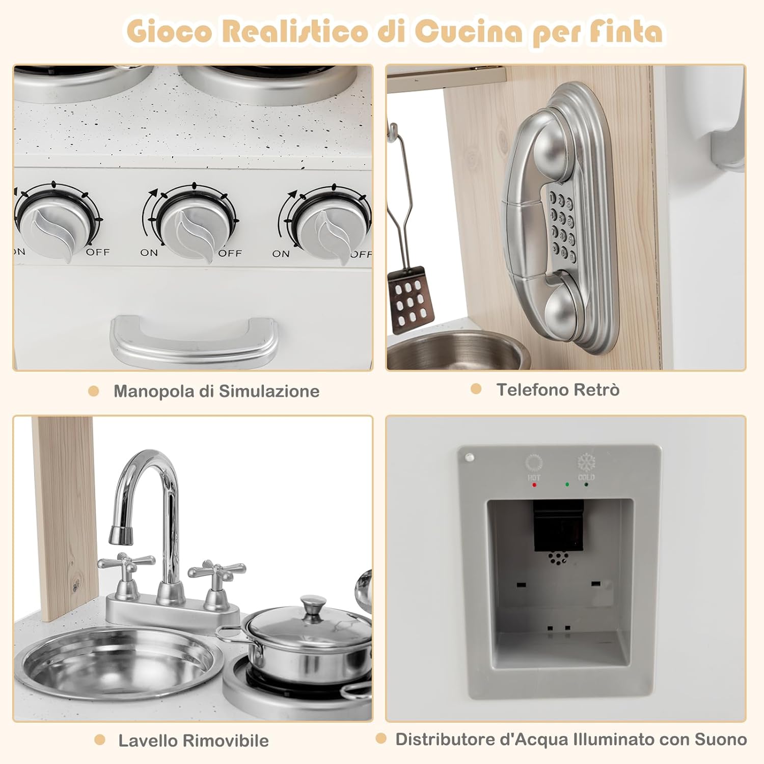 Cucina giocattolo per bambini, Cucina per Bambini in Legno con Telefono, Piano, Cottura, Frigo, Microonde, Lavello Rimovibile, 3 Anni+
