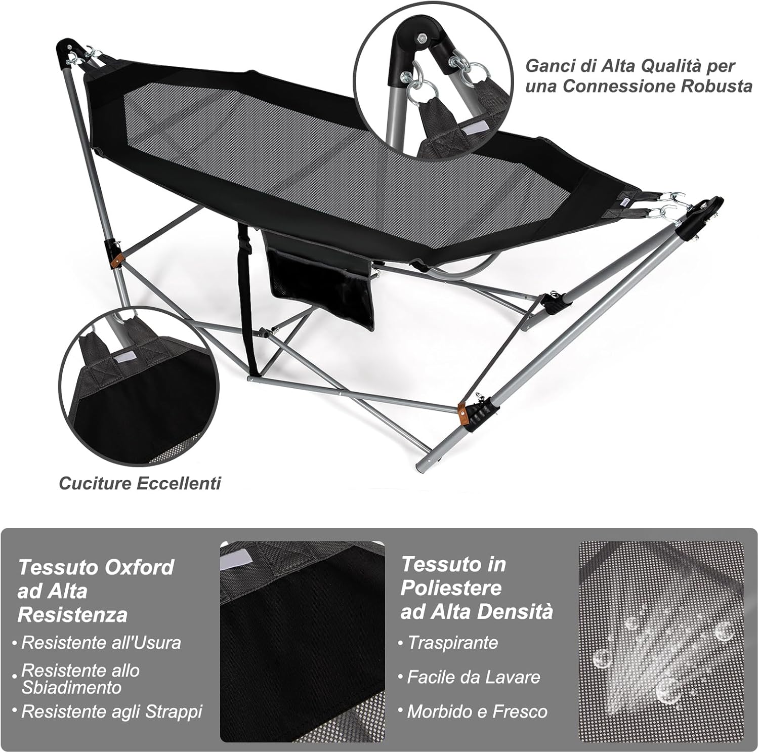 Amaca Pieghevole, Amaca con Tasca Laterale, Amaca con Supporto in Metallo e Fibbie Antiribaltamento, per Interno ed Esterno, Fino a 150 kg(Nero)