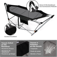 Amaca Pieghevole, Amaca con Tasca Laterale, Amaca con Supporto in Metallo e Fibbie Antiribaltamento, per Interno ed Esterno, Fino a 150 kg(Nero)