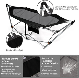 Amaca Pieghevole, Amaca con Tasca Laterale, Amaca con Supporto in Metallo e Fibbie Antiribaltamento, per Interno ed Esterno, Fino a 150 kg(Nero)