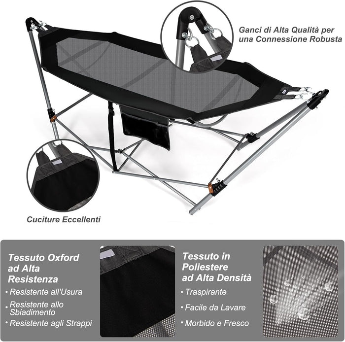 Amaca Pieghevole, Amaca con Tasca Laterale, Amaca con Supporto in Metallo e Fibbie Antiribaltamento, per Interno ed Esterno, Fino a 150 kg(Nero)