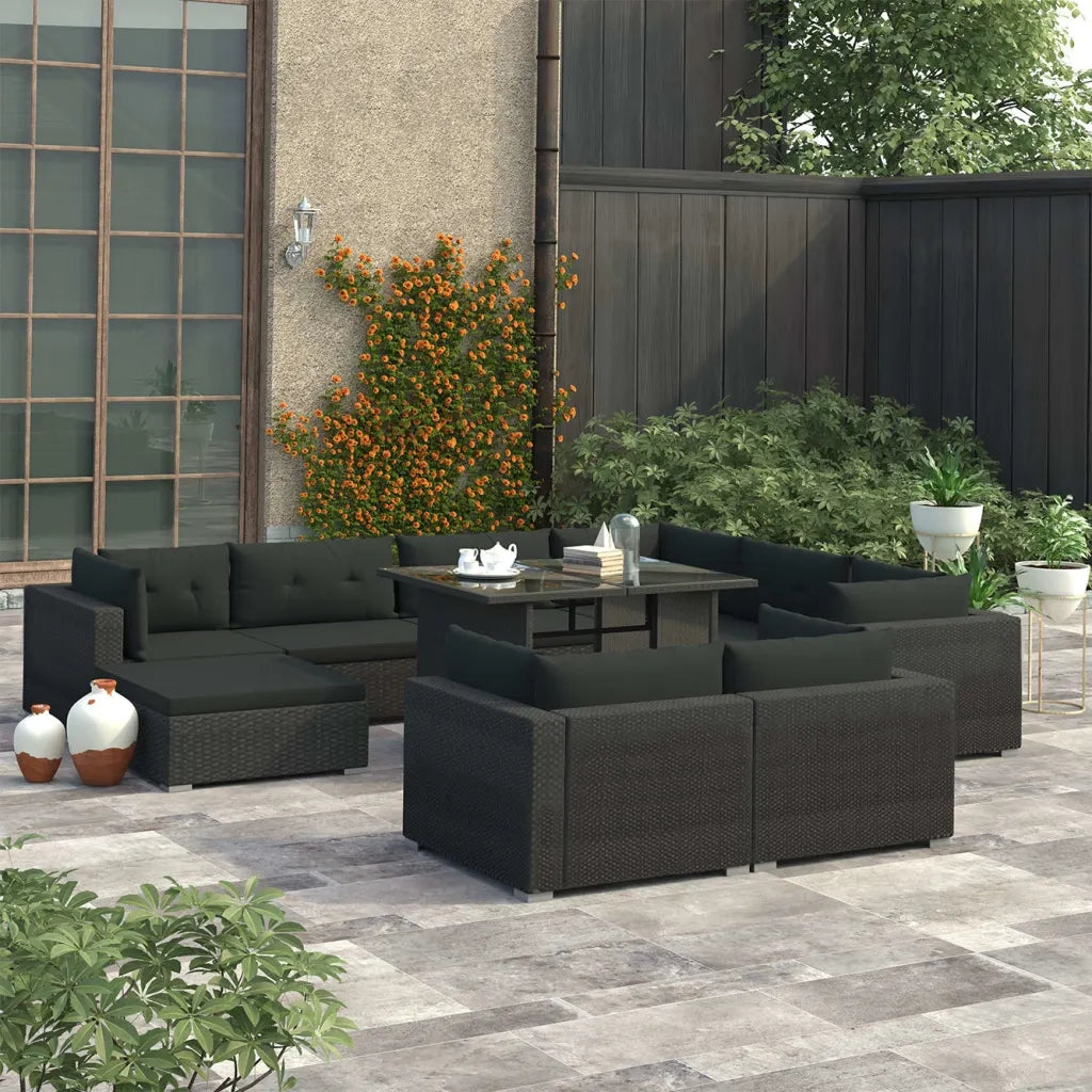 Set Divani da Giardino 10 pz con Cuscini in Polyrattan Nero cod mxl 35507
