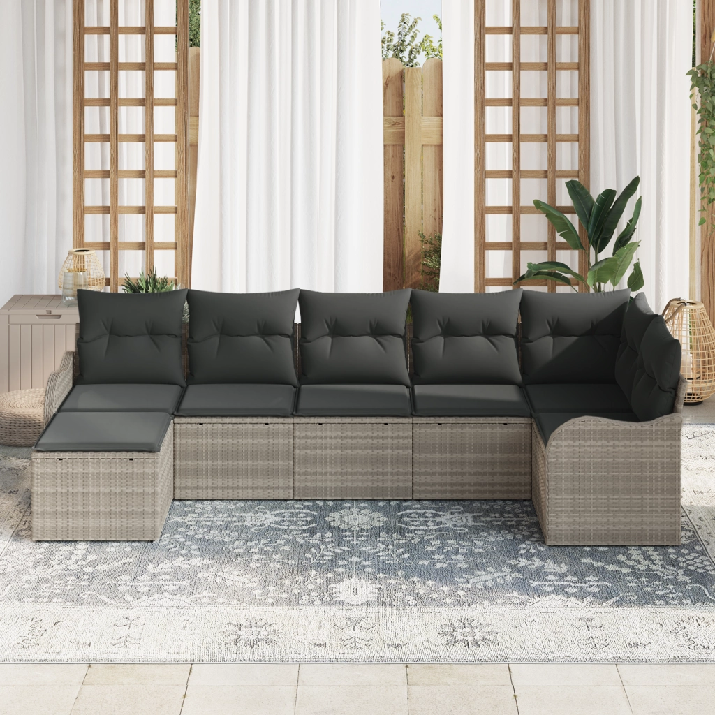Set di divani da giardino  7 pezzi con cuscini grigio chiaro polyrattan