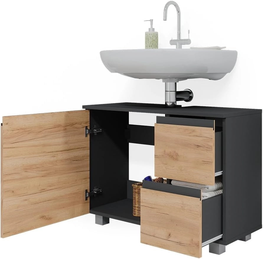 Mobile sottolavabo per bagno J-Shape, Sonoma, 80 x 60.8 cm, con intaglio per sifone per l’installazione sotto il lavandino
