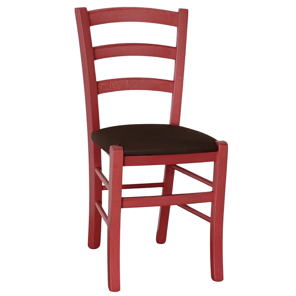 Sedie da sala da pranzo in legno Venezia rosse con seduta in similpelle marrone