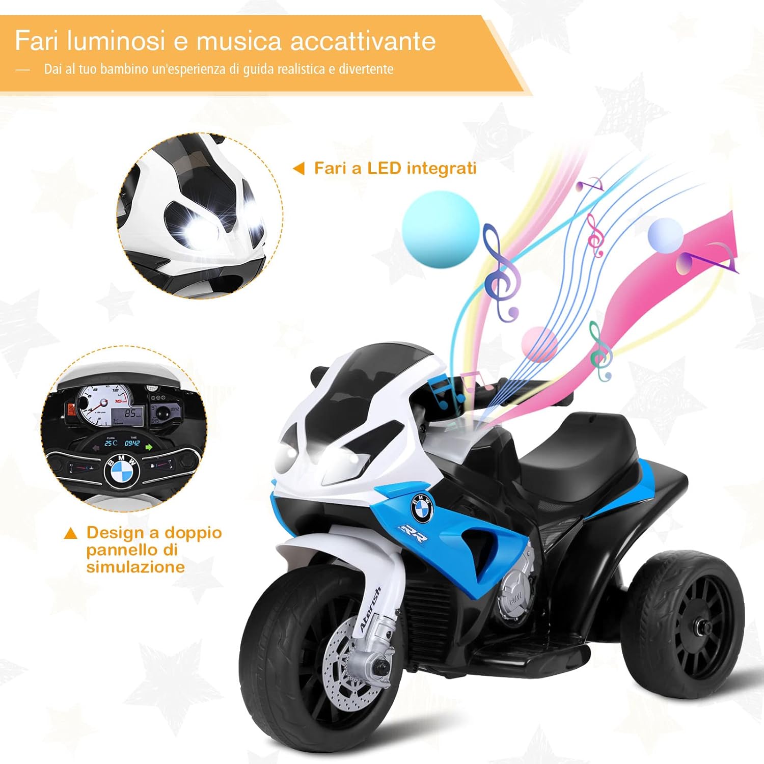 BMW Moto Cavalcabile per Bambini, Moto Giocattolo con Rotelle, Fari, Funzione Musica, Motocicletta a 3 Ruote, Regalo Perfetto per Bambini, 66 x 37 x 44,5 cm (Blu)
