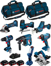 BOSCH Kit 18V BK802BAG (GDX 18V-180 + GSR 18V-60 C + GBH 18V-21 + GKS 18V-57 + GST 18 V-LI S + GWS 18-125 V-LI + GLI 18V-300 + GSA 18 V-LI C + 3 Batterie di 5,0 Ah + Caricabatterie + 2 Borse)