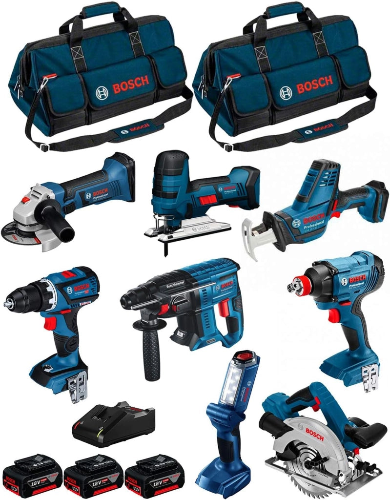 BOSCH Kit 18V BK802BAG (GDX 18V-180 + GSR 18V-60 C + GBH 18V-21 + GKS 18V-57 + GST 18 V-LI S + GWS 18-125 V-LI + GLI 18V-300 + GSA 18 V-LI C + 3 Batterie di 5,0 Ah + Caricabatterie + 2 Borse)